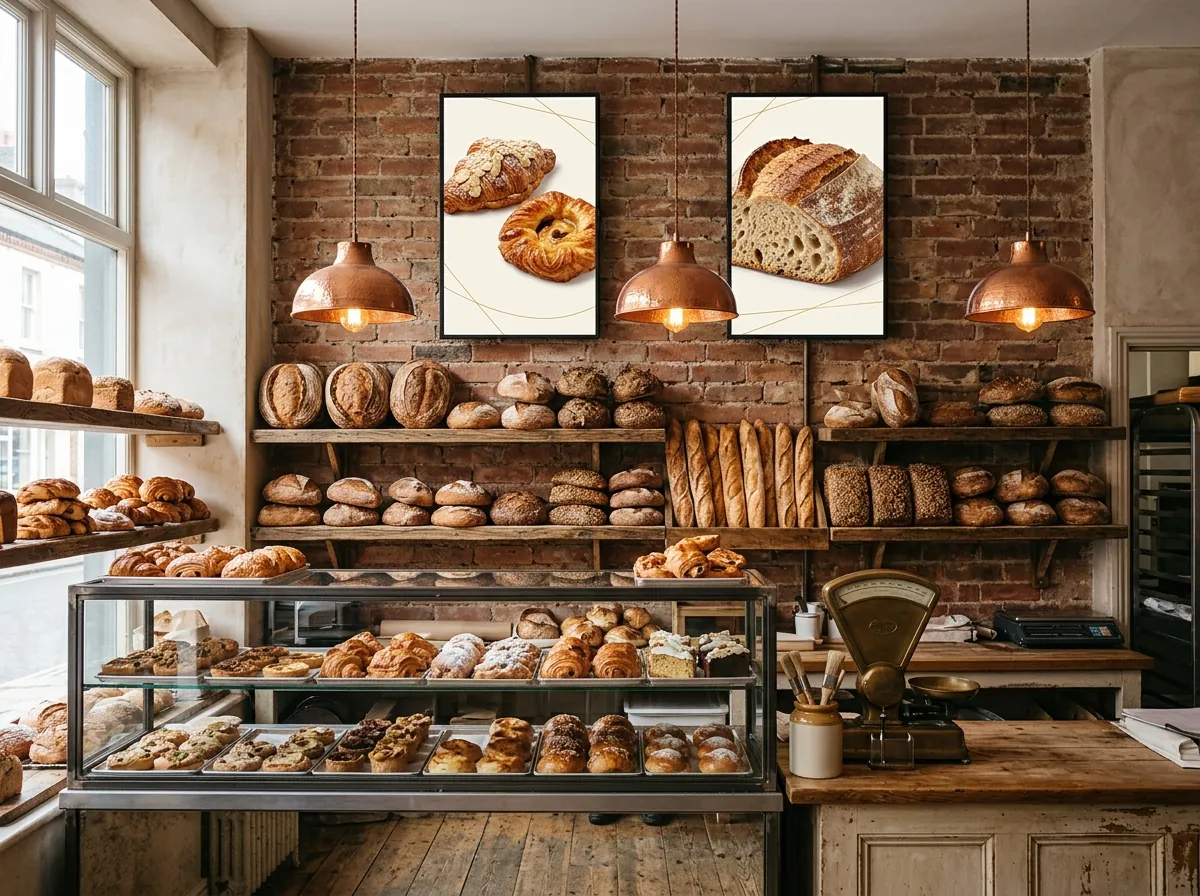 Two portrait menu screens above bakery bread shelves