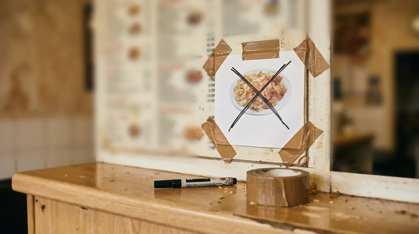 Hand-drawn sold-out note taped over a dish on a printed menu