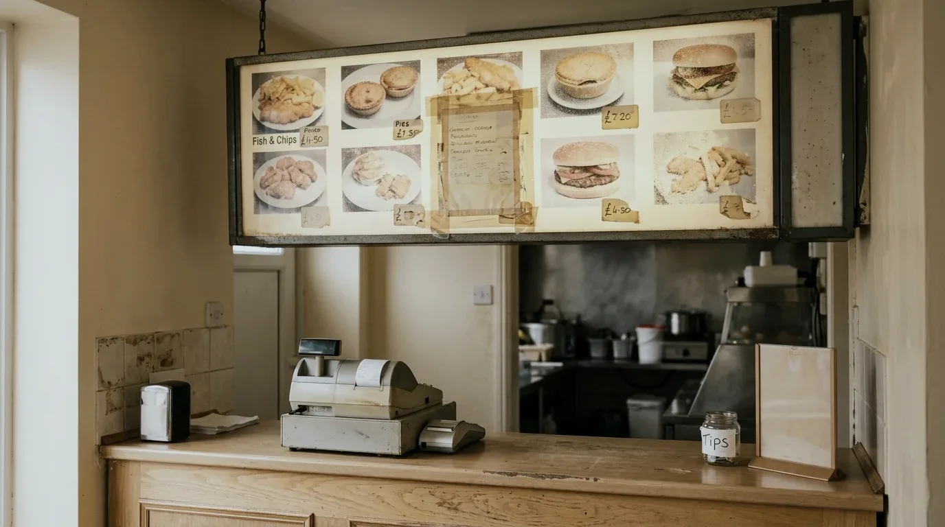 Old menu lightbox with a taped-on note