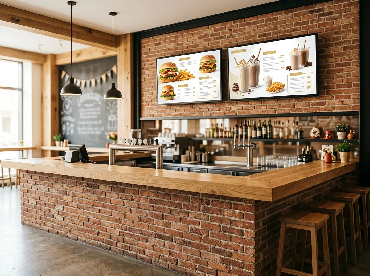 Digital menu screens in a burger restaurant