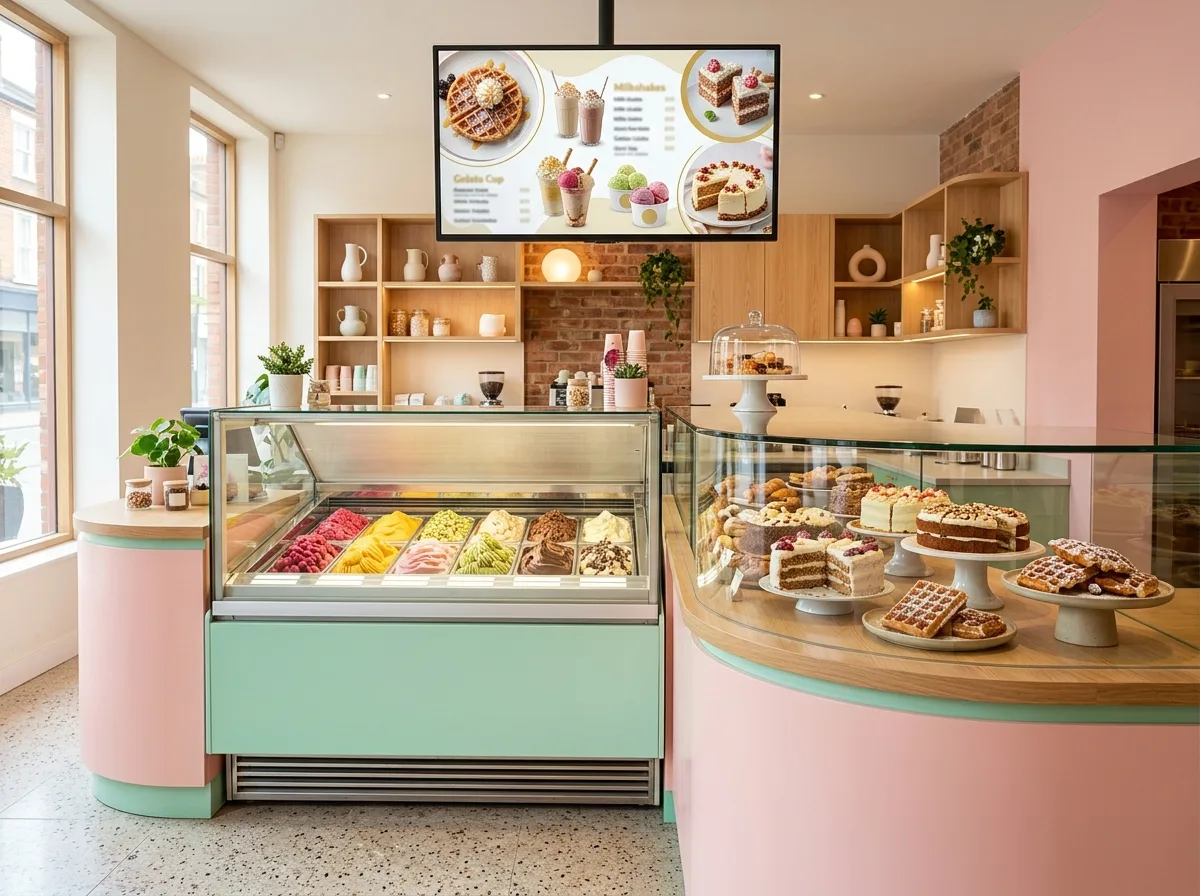 Digital menu screen in a dessert parlour