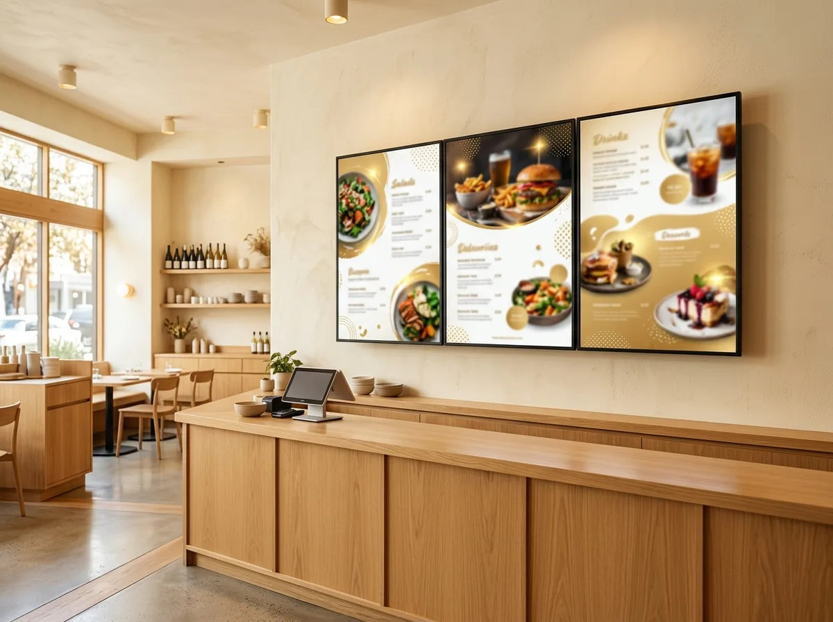 Three linked menu screens across a restaurant wall