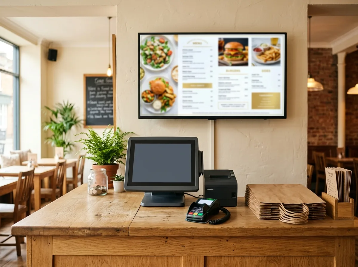 Digital menu screen behind the till