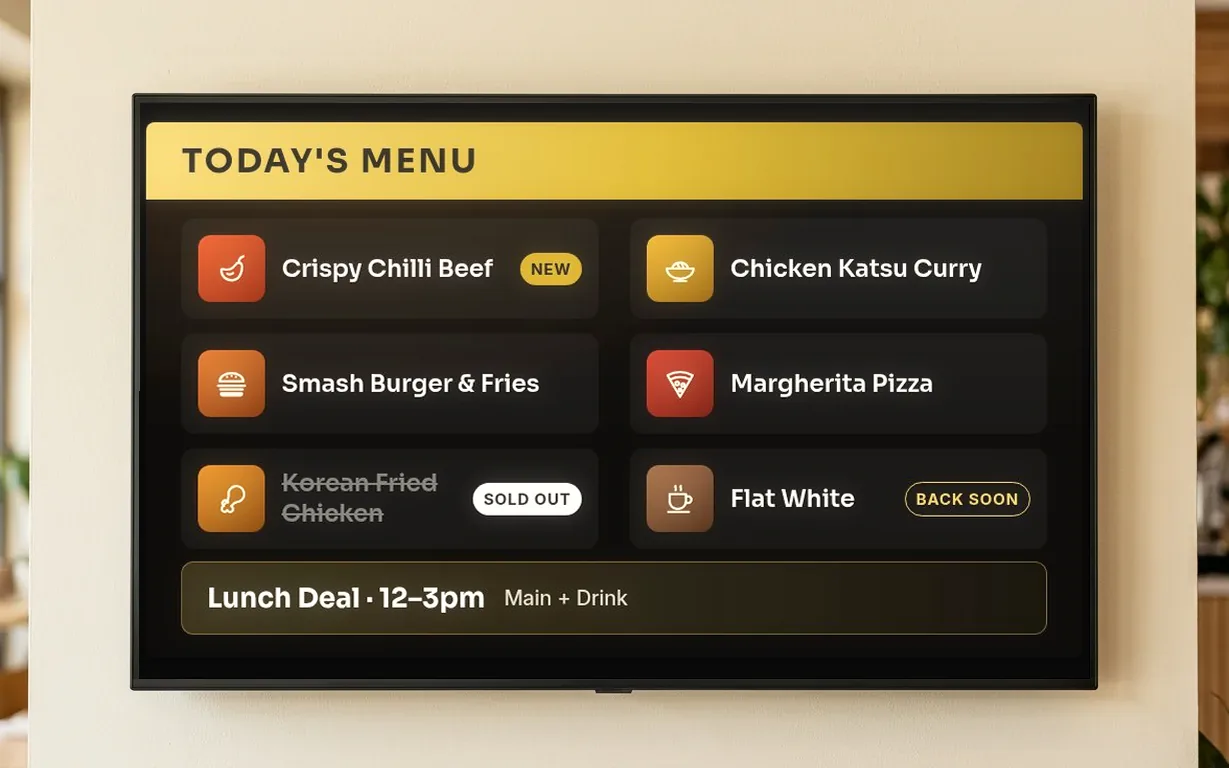 Close-up of a digital menu screen with sold-out, New and lunch deal tags