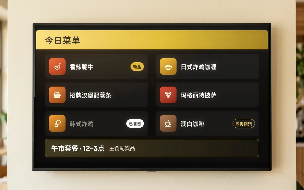 数码菜单特写：售罄、新品与午市套餐标签