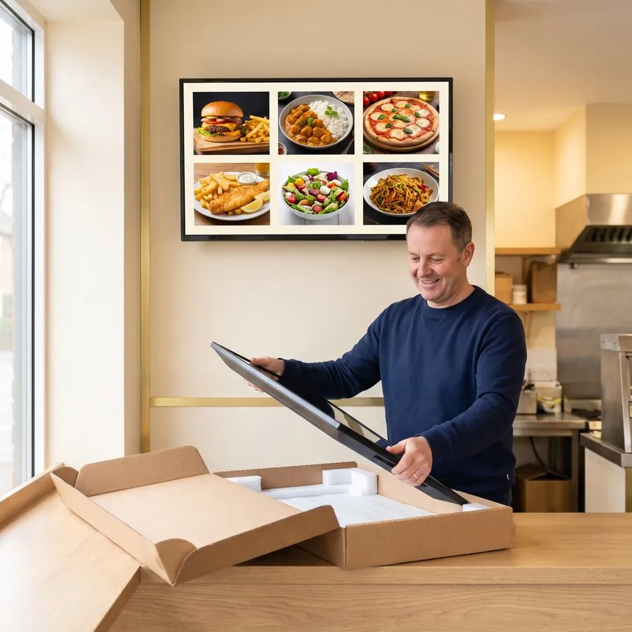 Takeaway owner unboxing a menu screen on the counter