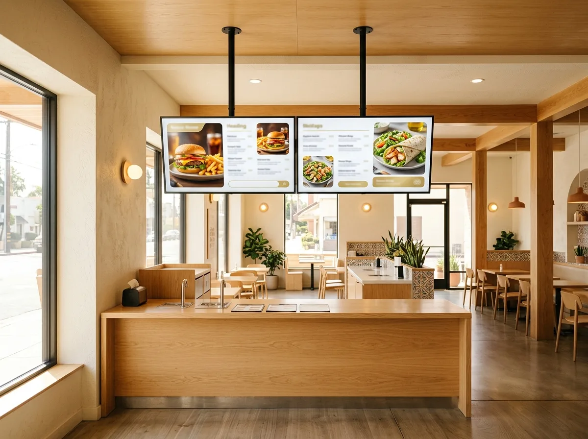 Menu screens hung from the ceiling above a counter