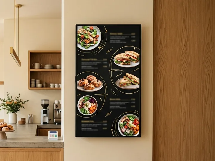 Portrait digital menu screen mounted on a wall