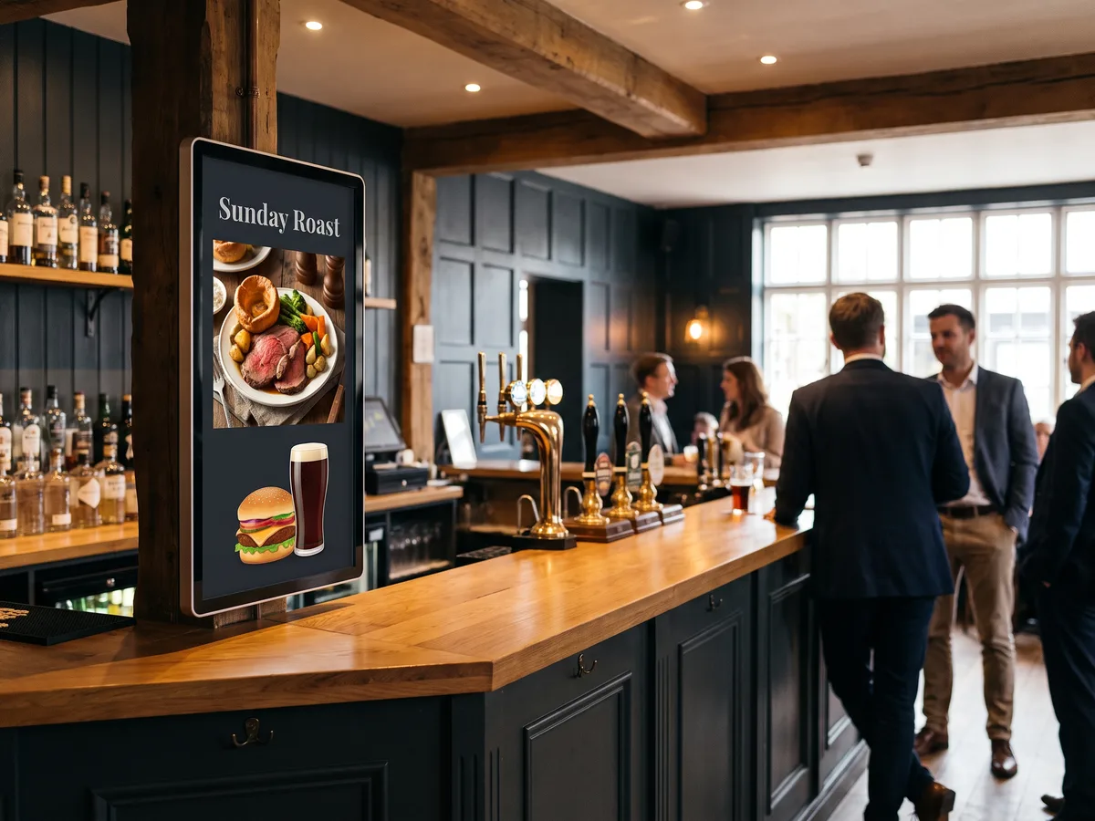 Digital menu screen behind a pub bar