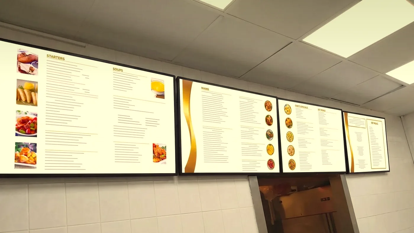Takeaway wall with digital menu boards in a white and gold template