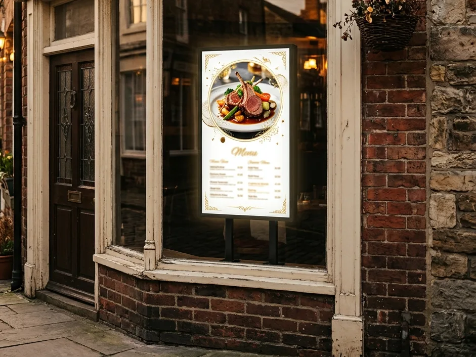 Digital menu screen in a restaurant window facing the street