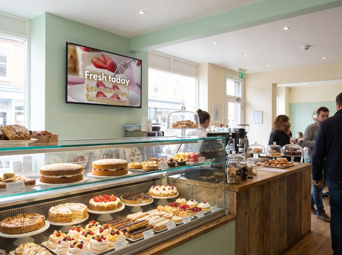 Bakery counter with a promo screen on the wall