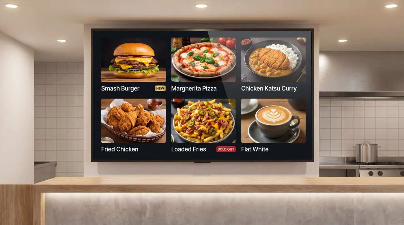 Digital menu screen on a restaurant wall