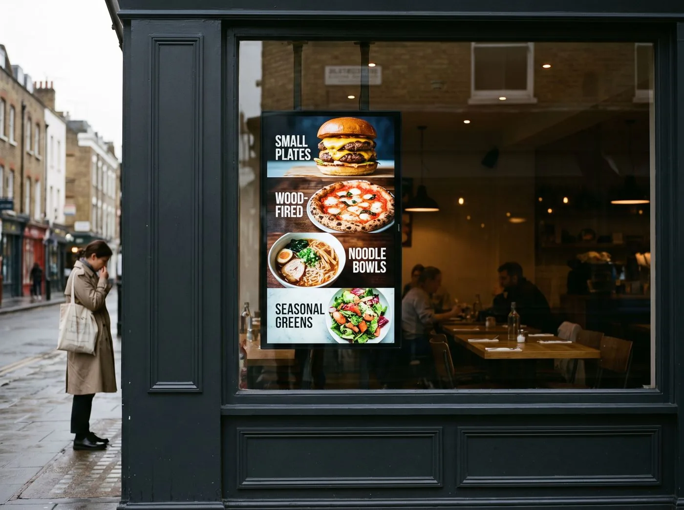 Restaurant window with a digital menu board