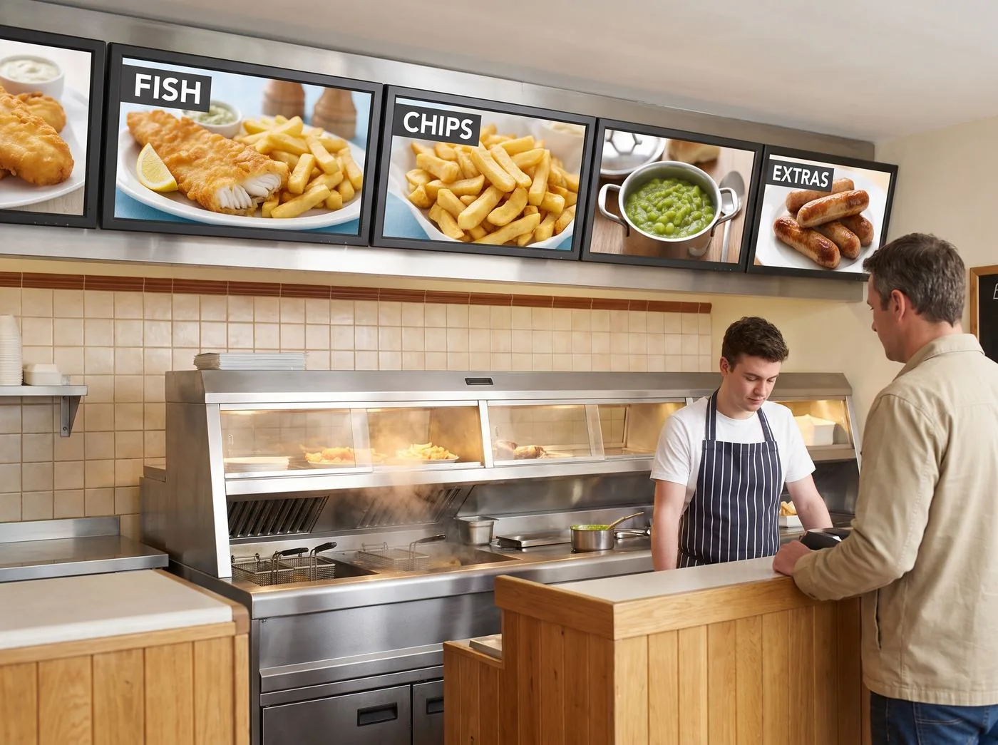 Menu screens above the till at a busy counter