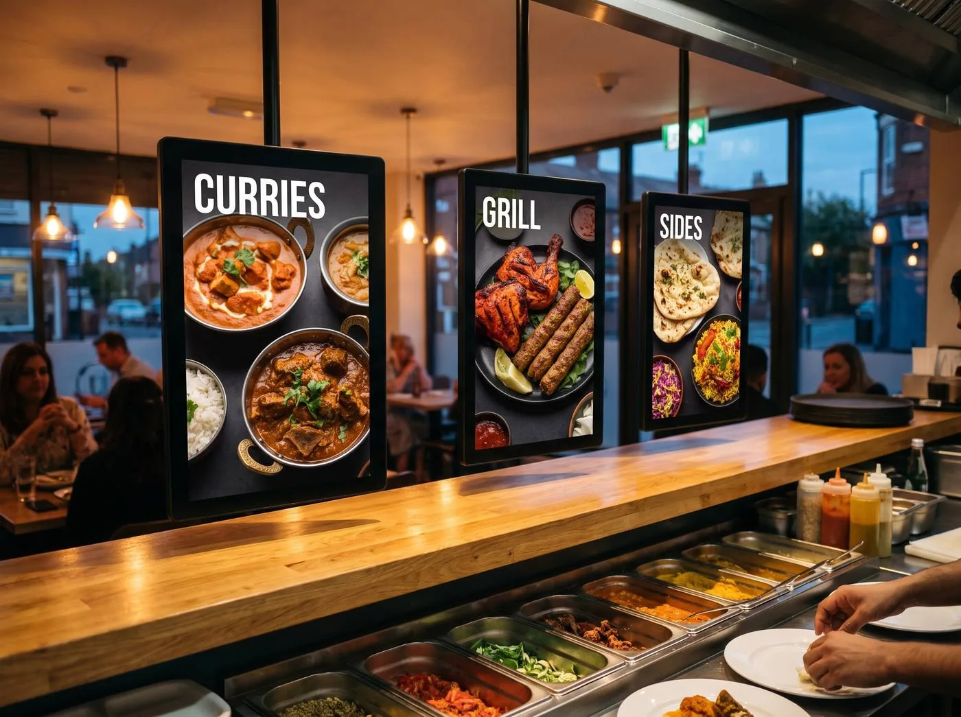 Digital menu board above the counter of an Indian curry house