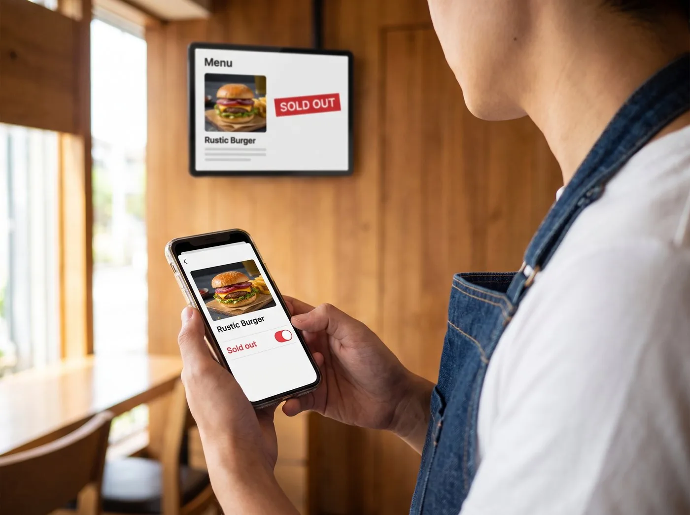 Owner marks a burger sold out on a phone as the wall screen updates