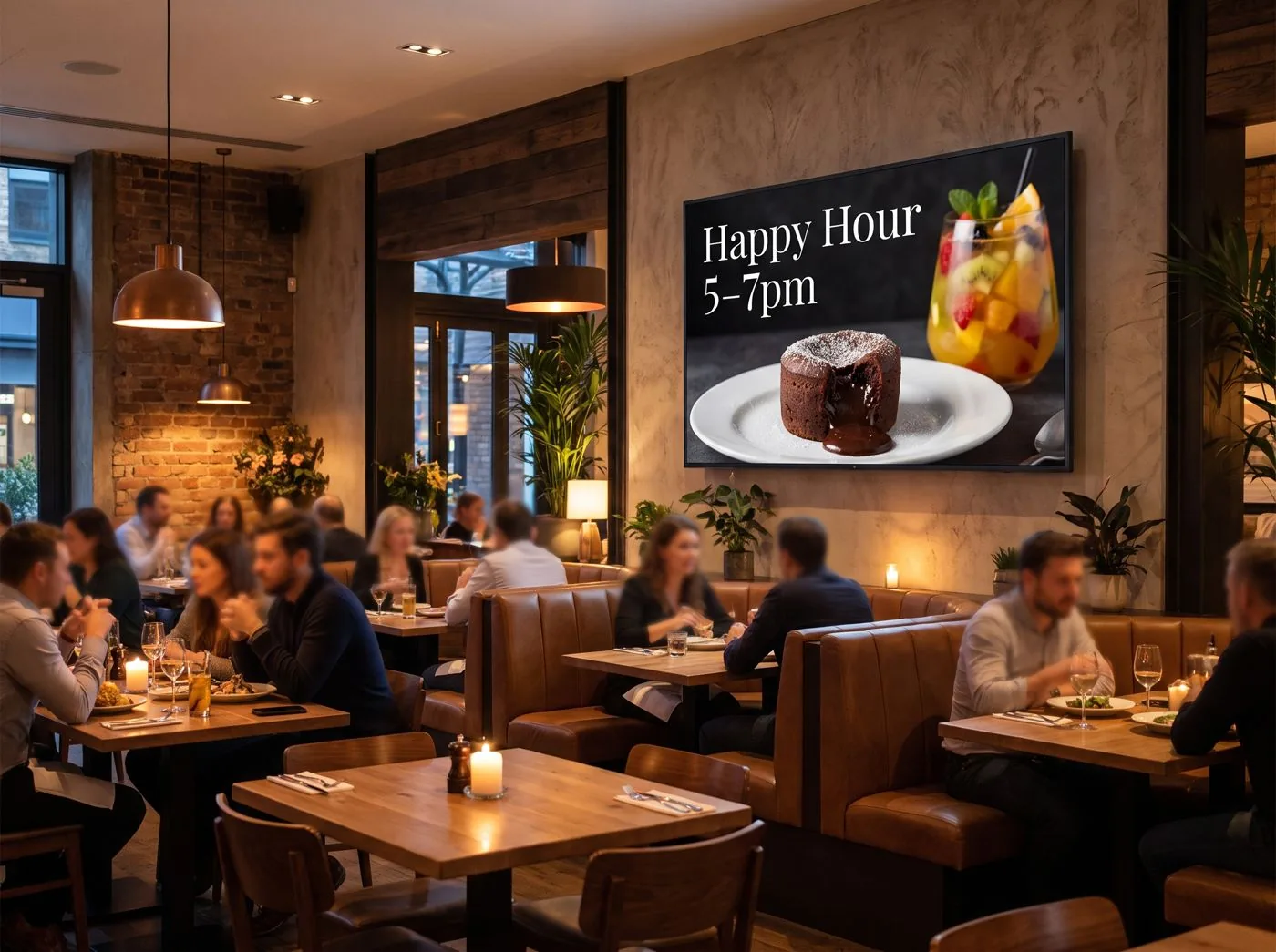 Restaurant screen showing a happy hour promotion