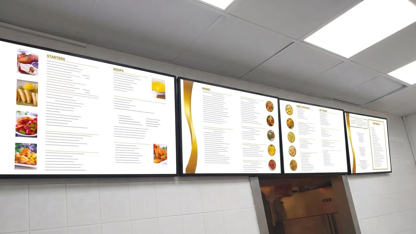 Takeaway wall with digital menu boards in a white and gold template