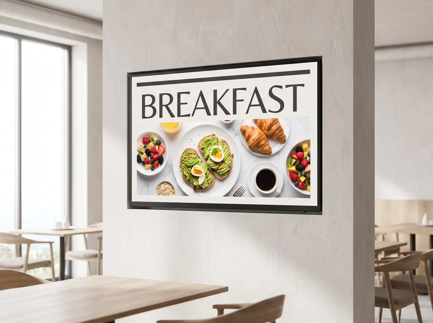 Wall-mounted digital screen showing a breakfast menu